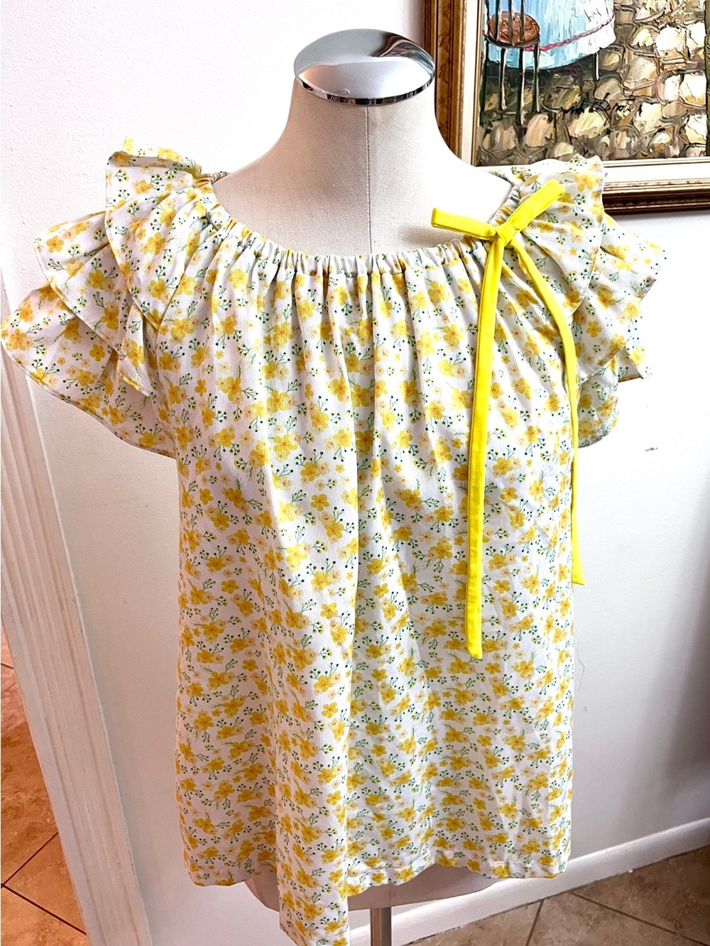 Discovery Yellow Floral Ruffle Sleeve Blouse with Bow